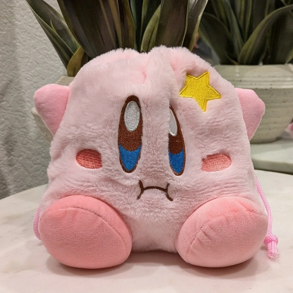 Nintendo Kirby Plush Drawstring Pouch Bag Pink Kawaii Sad Face Star Plushy